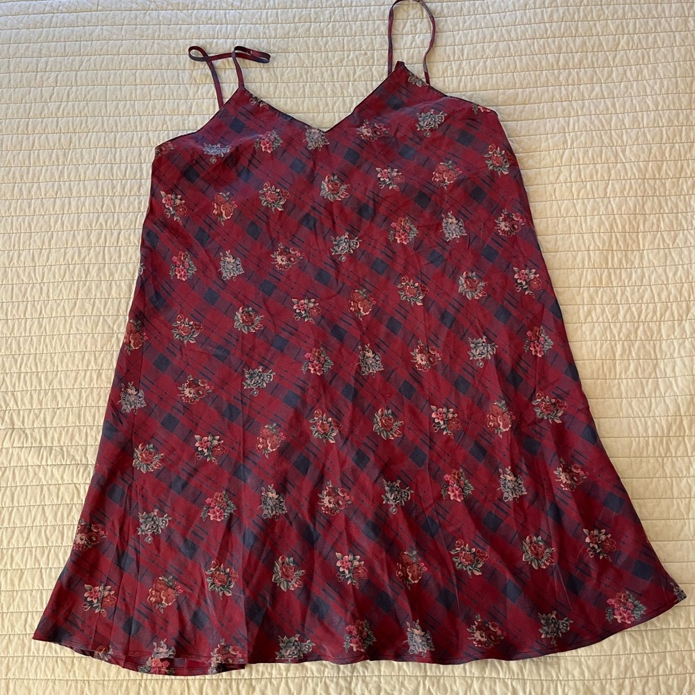 Y2K Antara Silk V-Neck chemis slip Dress Size L Burgandy floral gingham 90s